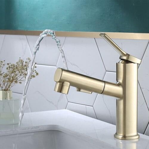 Brushed Gold Copper Bathroom Basin Faucets Pull Out Brass Sink Mixer Taps Hot & Cold Single Handle Deck Mounted Black/Chrome