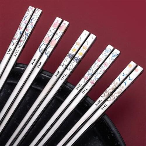 5 Pair 316L Stainless Steel Chopsticks Non-Slip 304 Household Kitchen Dining Anti-Mold Tableware Long Color Chinese Chopsticks