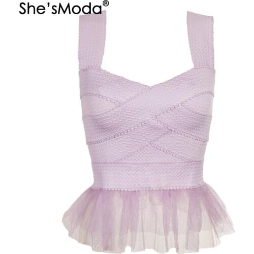 ShesModa Mesh Ruffles Purple Bandage Spandex Slim Push Up Womens Spandex Club Party Tank Camis Vest