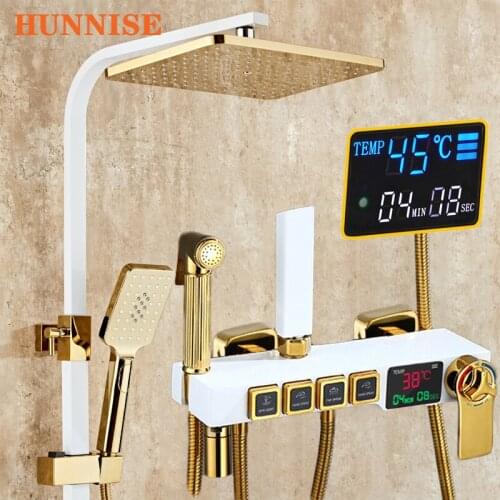 Bathroom Shower Faucet Digital Bathroom Shower Mixer Set White Gold Bathroom Fixture System Thermostatic Shower Head Mixer Set