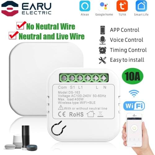 10A WiFi Smart LED Light Switch Relay Breaker Module No Neutral Wire Required Smart Life Tuya Remote Control Alexa Google Home