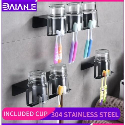 Bathroom black toothbrush holder 304 stainless steel wall mounted screw free installation double cup kids tooth toothbrush holde
