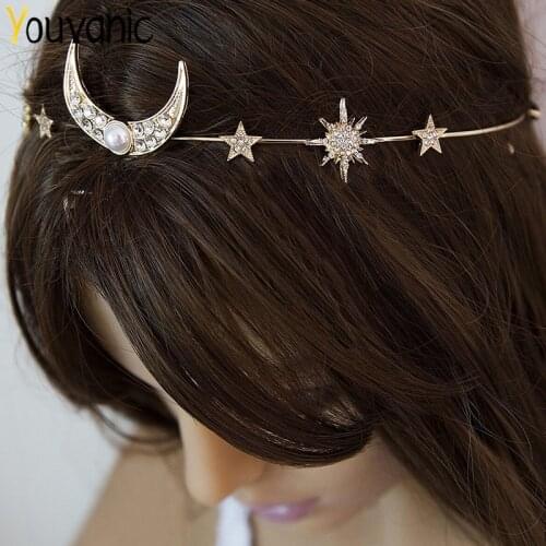 Youvanic Boho Crystal Bride Star Moon Headband For Women Tiara Elastic Hairband Womens Hair Jewelry Accessories Ornaments 0405