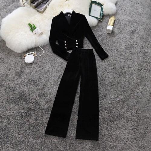 OL Womens Suits Autumn Two Piece Sets Golden Velvet Bell-bottom Pants Suits Ankle-Length Pencil Pants Office Ladies Blazer 2021