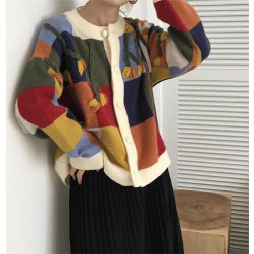 Retro Color Crochet Cardigan Women Autumn 2020 New Loose Long-sleeved Round Neck Plaid Sweaters Japanese Style Colorful Jumpers