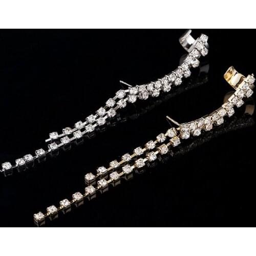 1pcs Fashion Tassel Ear Cuff Earring Jewelry Full Rhinestone Crystal Link Chain Tassels Clip Earrings Women Wedding Gifts