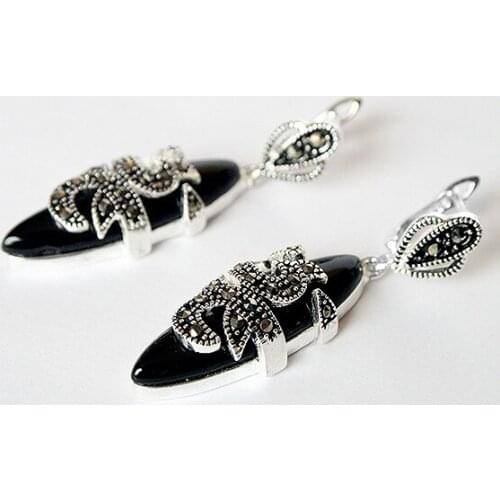 11/2" New 925 Sterling & Marcasite inlay Natural BlackNatural Stone fashion Earrings Natural bread big earrings
