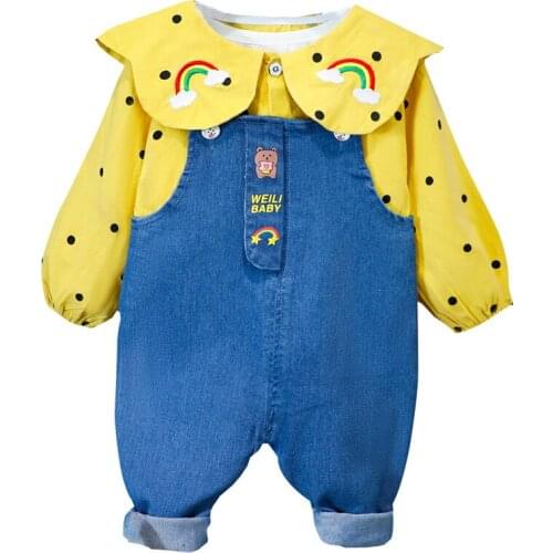 2021 New Spring Autumn Girls Set Cute Kids Baby Rainbow Print Shirt+Denim Overalls /2Pcs Suits for Girls for Children Clothing