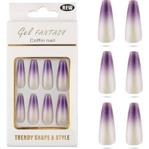 24Pcs/Box Glitter Purple Red Long Ballerina Wearable Fake Nails Press on Flat Shape Full Cover Detachable Finished Fingernails