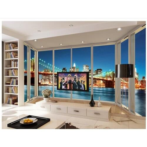 3d customized wallpaper Floor balcony outside the window scenery Brooklyn Bridge night view Home Decoration