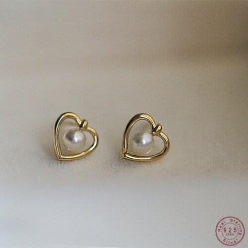 925 Sterling Silver 14K Gold Love Pearl Earrings For Women Korean Fashion Simple Student Party Jewelry Girlfriend Gift