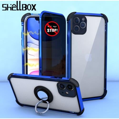 Shellbox Magnetic Tempered Glass Privacy Metal Phone Case Coque 360 Luxury Magnet Cover For iPhone 11 Pro MAX XR XS 8 7 6 Plus