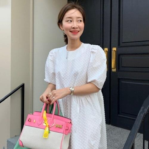 Ladies long skirt Korean style long dress white yellow ladies long skirt summer loose puff sleeve big swing doll dressLong skirt