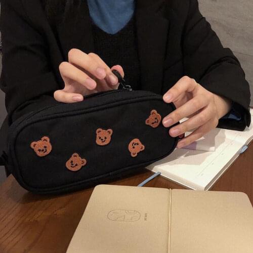 Bear Embroidery Canvas Pencil Bag Pen Case Kids Gift Cosmetic Stationery Pouch Office School Supplies