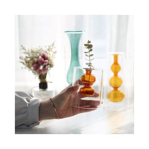 Nordic Plant Flower Vases Desk Table Decor Hydroponic Vase Double Glass Terrarium Decor Dried Flower Home Office Decorative Vase