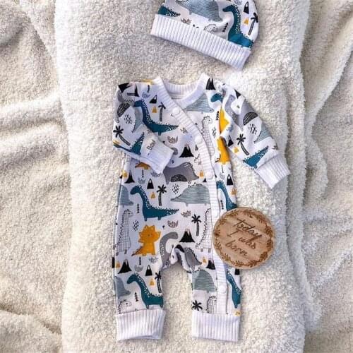 Spring Autumn Baby Boy Dinosaur Printed Rompers with Hat Outfit Casual Long Sleeve Jumpsuit Baby‘s Clothing Sets