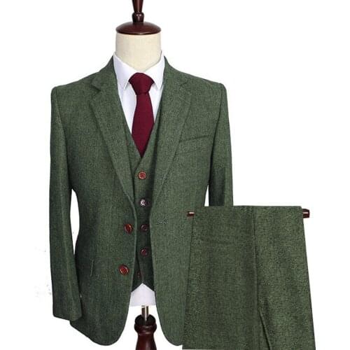 Mens Wool Tweed Suits 3 Pieces Formal Lapel Notch Herringbone Tuxedos Blazer Winter Wedding Groom (Blazer+Vest+Pants)