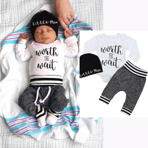 Newborn Kid Baby Boy Girl Autumn Clothes Long Sleeve Letter Printed Top Pants Romper Cotton Hat Fall Outfit 3PCS