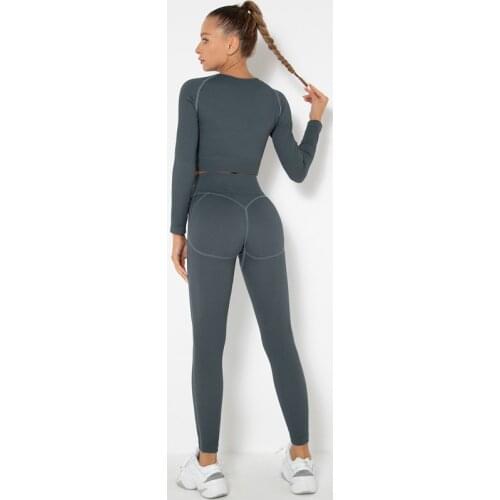 Solid Color Yoga Sets Quick Dry Sports Suits Women Hips Push Up Gym Sets 2 Pcs Long Sleeve Shirts+High Waist Leggings Yoga Suits