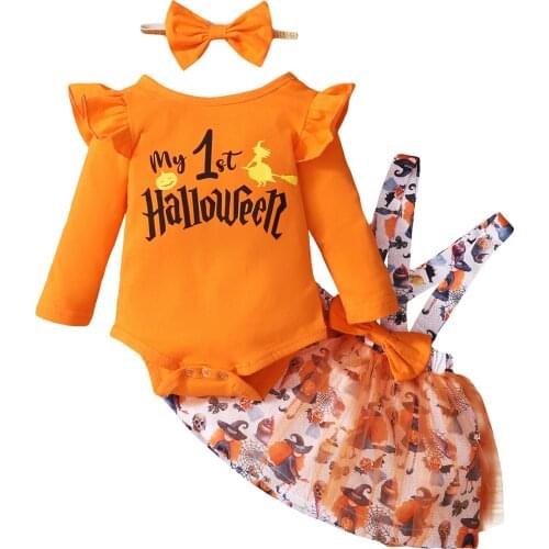 OPPERIAYA Newborn My First Halloween Bodysuit Strap Skirt Bow Hair Accessory Witch Pattern Spring Autumn Clothing