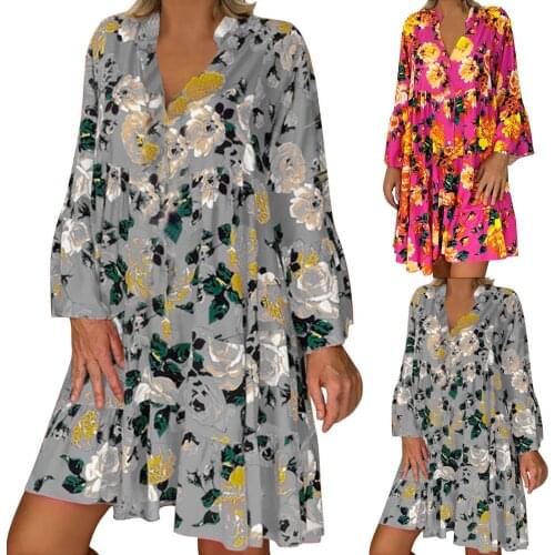 Autumn New Fashion Dress Womens Casual Printed Button Long-sleeve Shirt Dress V Neck Print Causal Dress Осеннее платье 2021