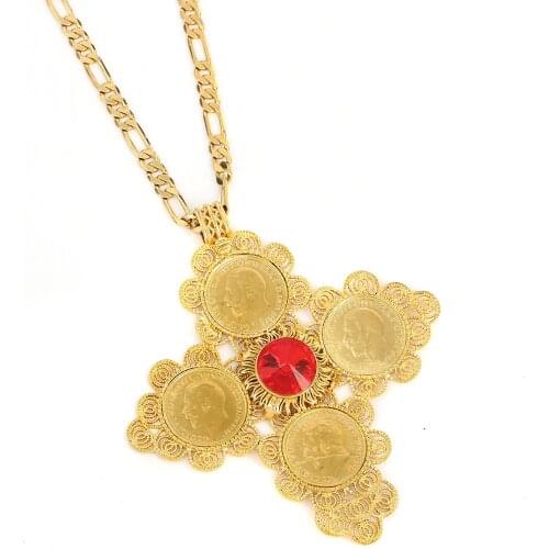 Ethiopian Coin Cross Pendant Necklace Women Men Gold Color Jewelry Africa Habesha Eritrea Jewelry