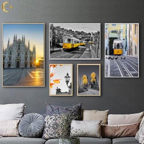 Landscape Building Canvas Painting Picture Nordic Wall Art Yellow Scenery Tram Posters and Prints for Living Room Home Decor