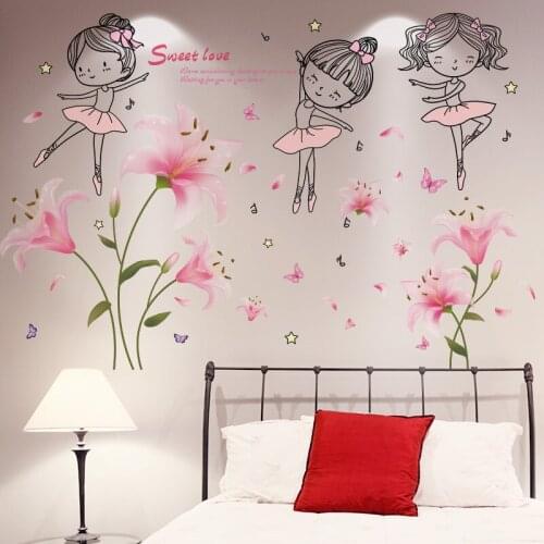 [shijuekongjian] Flowers Plants Wall Stickers DIY Cartoon Girl Dancer Wall Decals for Living Room Kids Bedroom House Decoration