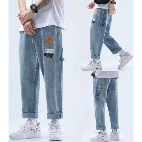 Loose Jeans Mens Casual Student Capri-Pants Mens Korean Straight Wide-Leg Pants Ripped Jeans for Men Fashion Hip Hop Jeans