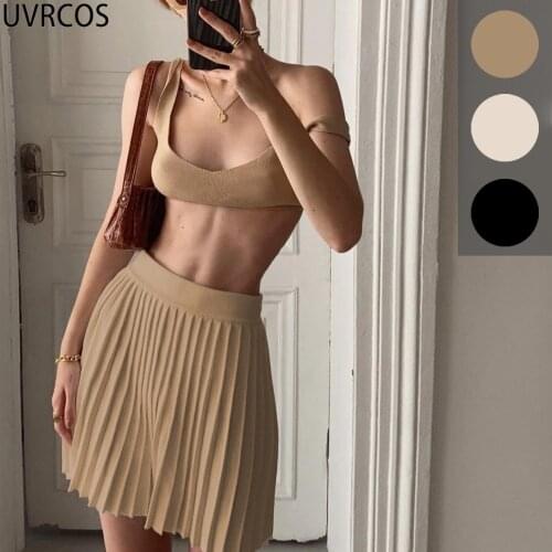 UVRCOS 90s Aesthetic Corse y2k Tops And Pleated Skirt Solid Vacation Outfits 2 Piece Sets Summer Beach Casual Resort Wear Womens