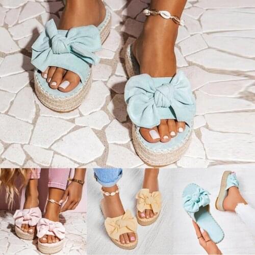 Women Summer Shoes 2021 Fashion Hemp Rope Platform One-word Slippers Female Outdoor Bow Sandals Slippers Woman Plus Size 43