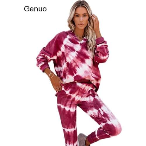 Two Piece Nightgown for Women Long Sleeve Hoodie and Pants Tie Dye Printed Sets Summer Autumn Casual Home Suit Womens Clothes