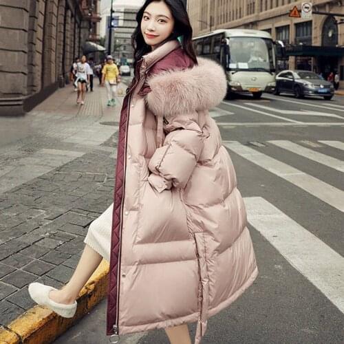 Bella Philosophy Women Winter Women Raccoon Fur Hooded White Duck Down Coat pink Solid Thick Warm Loose Female Parkas