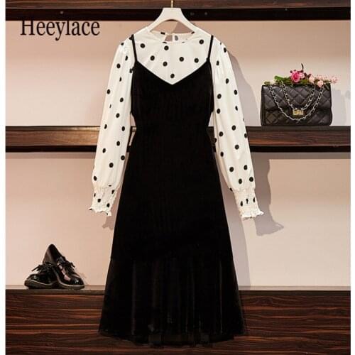Plus size autumn vintage 2 piece set women polka dot long sleeve chiffon blouse and spaghetti straps velvet dresses suits 2020