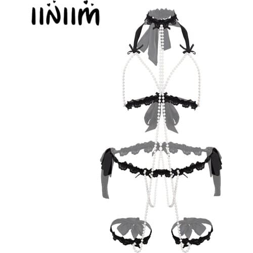 Womens Hollow Out Lace Beaded Lingerie Exotic Sets Halter Neck Open Cup Crotchless Lace-up Sleepwear Nightwear Sissy Clubwear