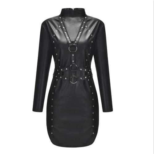 M-XXL Sexy Women Black PU Leather Bodycon Dress New Fashion Prom Evening Party Rivets Bandage Long Sleeve Mini Dress Clubwear