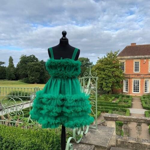 Green Demure Elegant Exquisite Porm Dress Spaghetti Strap Layer Tulle Ruffles Elastic Mini Ladies Dresses Two-piece Custom Made