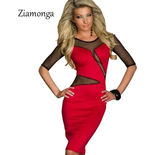 Ziamonga Autumn Half Sleeve Mesh Patchwork Bandage Dress 2017 Fashion Women Knee Length Midi Sexy Dress Casual Vestido De Festa