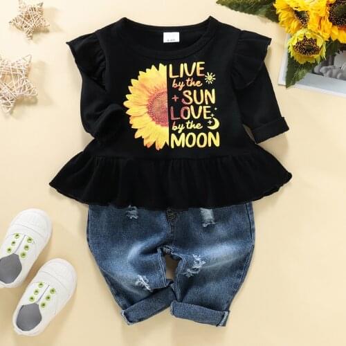 2 Pcs Newborn Baby Clothes Baby Girl Outfits Sunflower & Letter Print Fly Sleeve Round Neck Pullover + Ripped Jeans with Pockets