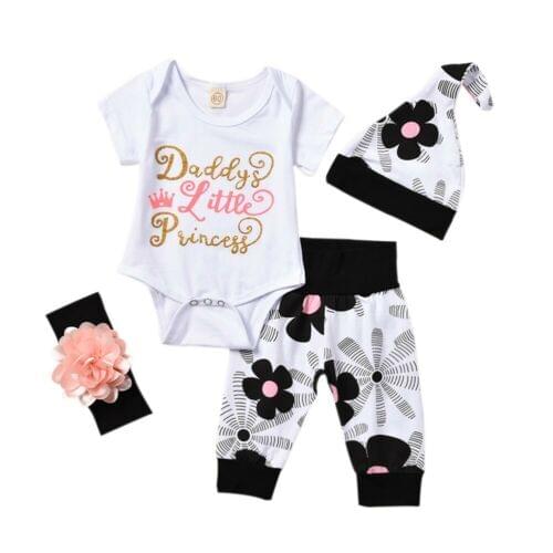 4PCS Newborn Baby Girl Kid Tops Romper Floral Pants Headband Outfits Set Clothes