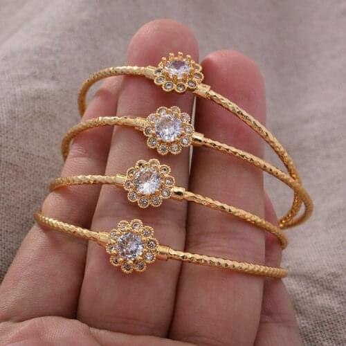 24K 4pcs Ethnic Gold Color Dubai Bangles Small flowers inlaid Stone Bracelet Women Girl Bride Dubai Bangles Child jewelry