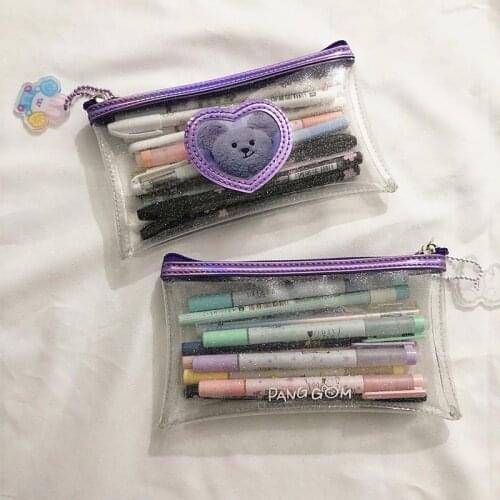 Korea cute girl heart bear pvc transparent pencil case INS high-value student stationery storage bag