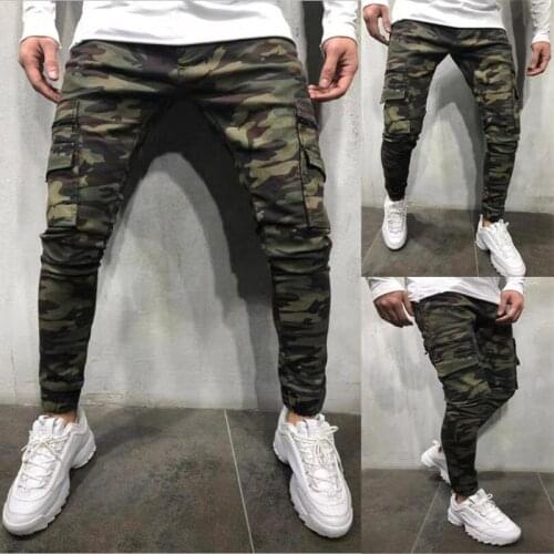 New Style Mens High Quality Camouflage Tight Jeans Badge Slim Fit Elastic Zipper Pocket Jeans Pencil Casual Hip Hop Joggers