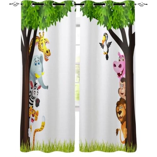 Jungle Forest Cartoon Animal Lion Elephant Giraffe Zebra Tiger Bird Monkey Blackout Curtains Bedroom Living Room Kids Curtains