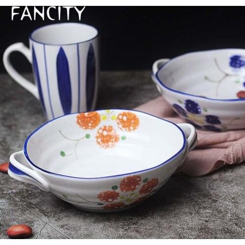 FANCITY Japanese tableware baked rice bowl blue and white porcelain noodle bowl household imitation 7.5 inch Korean ceramic dou