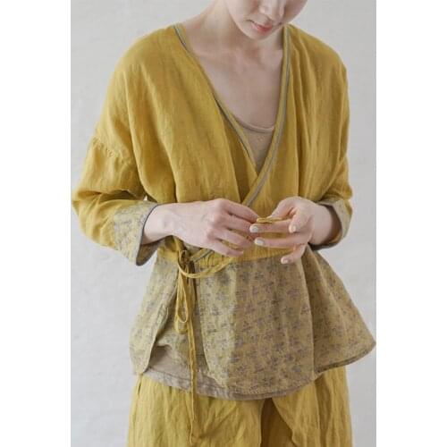 Johnature Women Ramie Shirts V-Neck Quarter Sleeve Patchwork Belt Loose Blouse 2021 Summer New Print Floral Vintage Casual Shirt