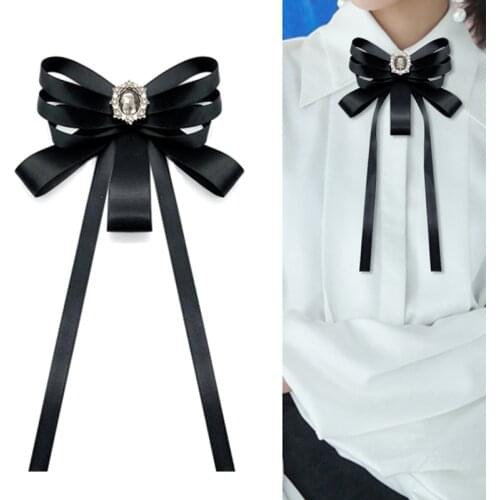 Korean Bow Fabric Ribbon Brooch Crystal Bowknot Retro Collar Pins Corsage Shirt Cravat Brooches for Women Clothing Accessories