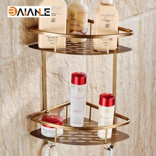 Bathroom Shelves Free Shipping Antique Copper Double Wall Mount Corner Shower Shampoo Soap Cosmetic Storage Shelf