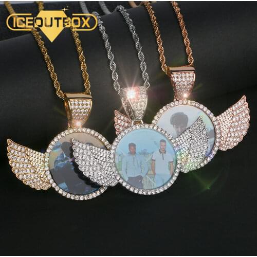 Luxury Custom Made Photo With Crystal Angel Wings Pendants Necklaces 3 Colors Gold Cubic Zircon Mens Hip Hop Jewelry With Box