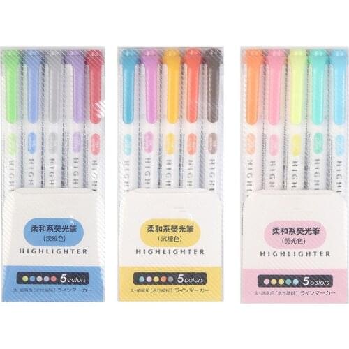 5 Colors/box Double Headed Highlighter Pen Fluorescent Markers Mild Liner Highlighters Pens Art Marker Japanese Stationery